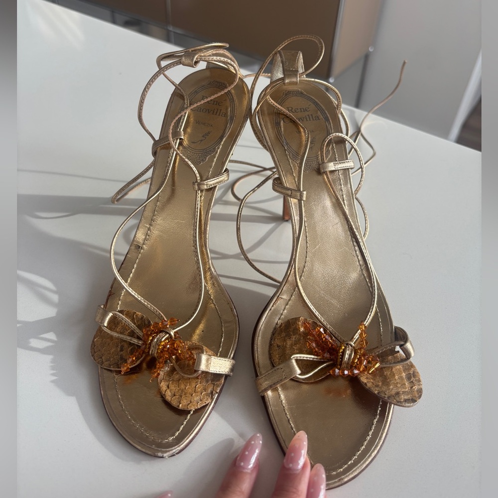 Rene Caovilla Gold Sandals with Embellished Bow